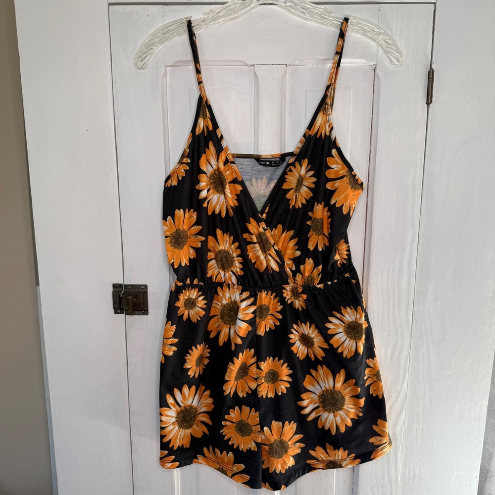 Sunflower Print Romper Women's Small Blue Yellow V-Neck Spaghetti Strap Shorts